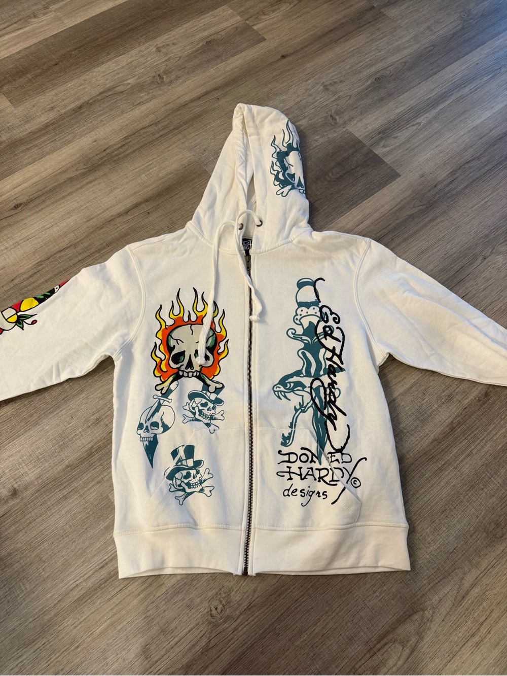 Ed Hardy White Graphic Zip-Up Hoodie with Colorful Skull Art